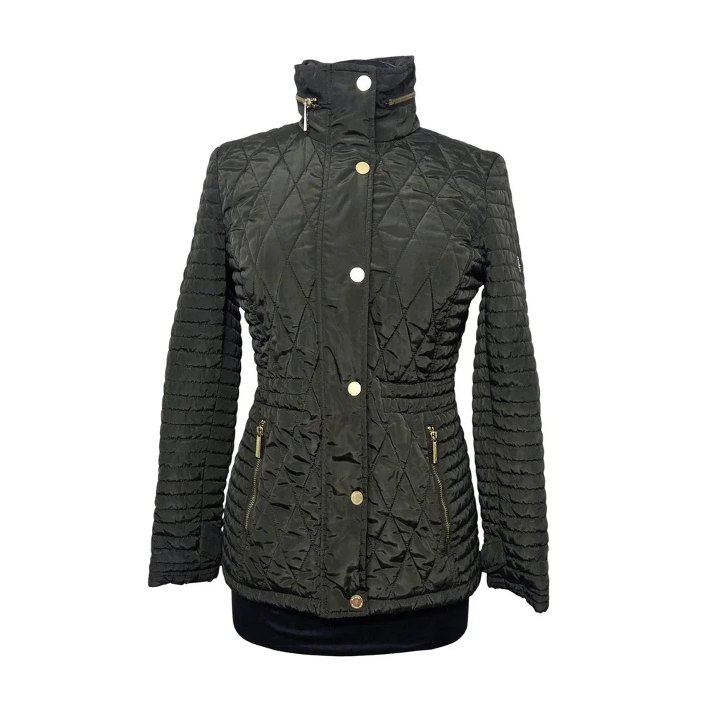 Michael‎ Kors Quilted Moss Green Puffer Jacket Gold Hardware Hidden Hood Size PS